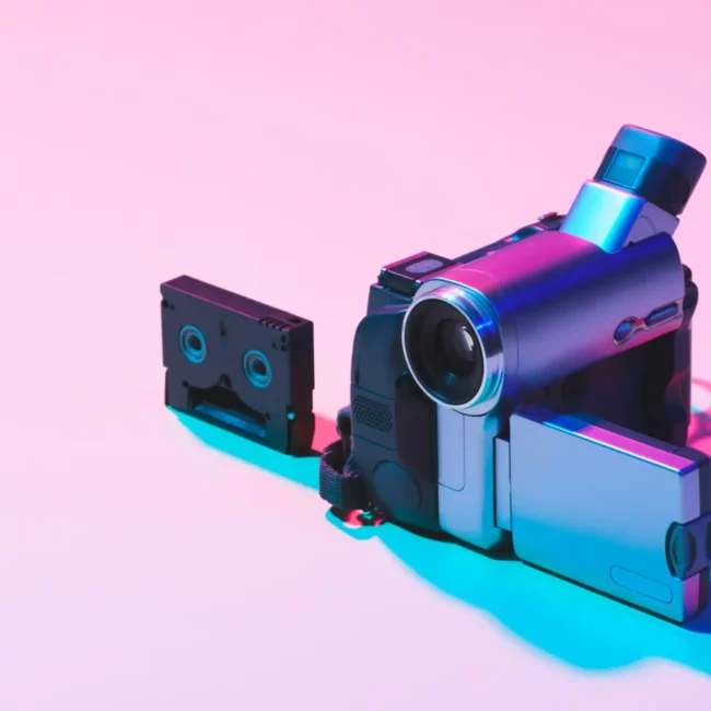 close up view of video cassette and digital video camera on pink background