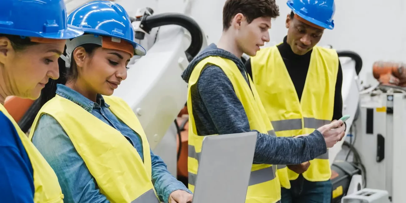 Multiracial industrial engineers working at automated AI robotic production factory - New tech