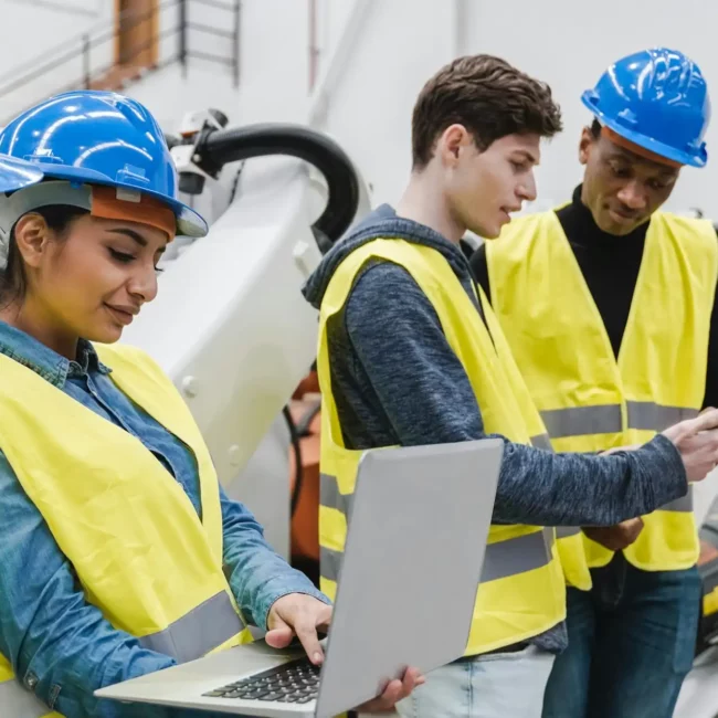 Multiracial industrial engineers working at automated AI robotic production factory - New tech